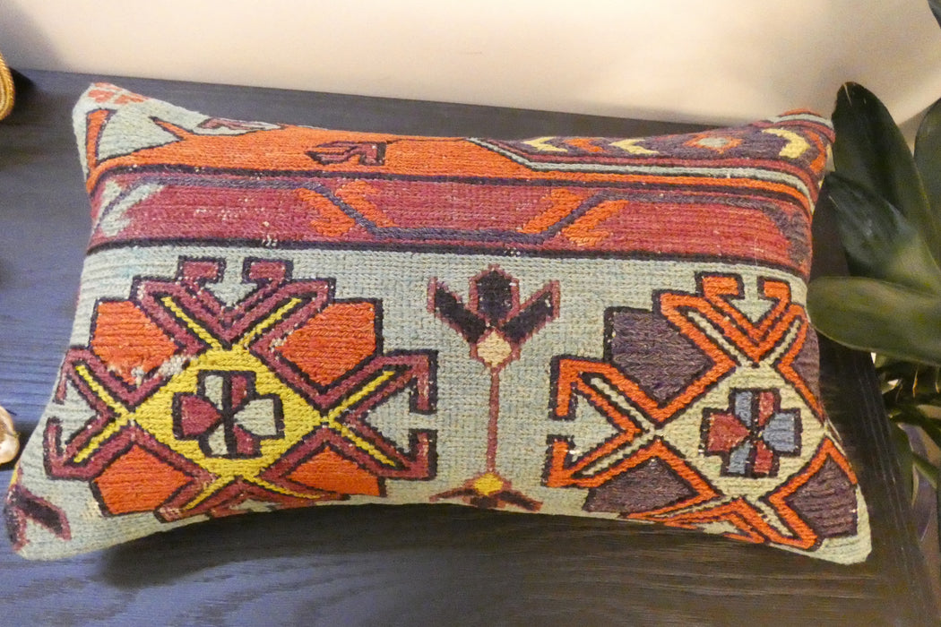 Handmade Turkish Kilim Cushion 30 x 50cm | Vintage Wool Lumbar Cushion with Insert | Organic Cotton Back | Rugs Direct New Zealand 