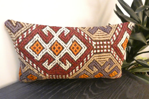 Handmade Turkish Kilim Cushion 30 x 50cm, Vintage Wool Lumbar Cushion with Insert, organic Cotton Back- Rugs Direct New Zealand 