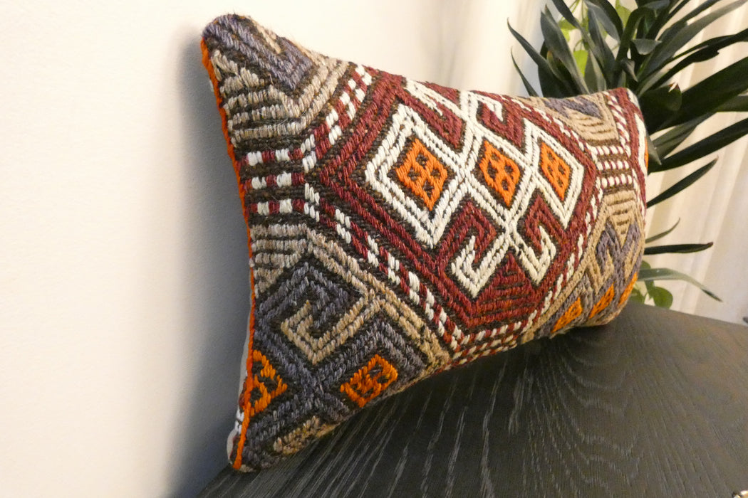 Handmade Turkish Kilim Cushion 30 x 50cm, Vintage Wool Lumbar Cushion with Insert, organic Cotton Back- Rugs Direct New Zealand 