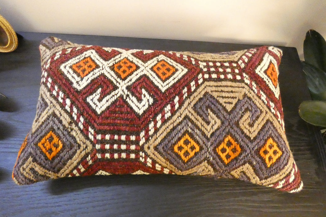 Handmade Turkish Kilim Cushion 30 x 50cm, Vintage Wool Lumbar Cushion with Insert, organic Cotton Back- Rugs Direct New Zealand 