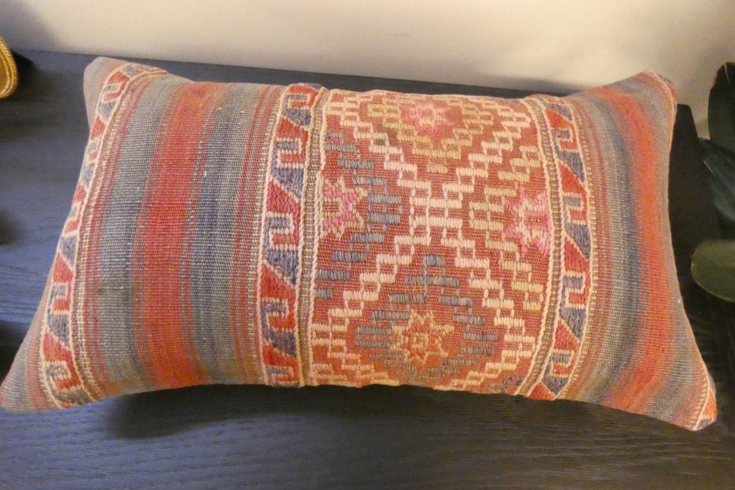 Handmade Turkish Kilim Cushion 30 x 50cm, Vintage Wool Lumbar Cushion with Insert, Organic Cotton Back- Rugs Direct New Zealand 