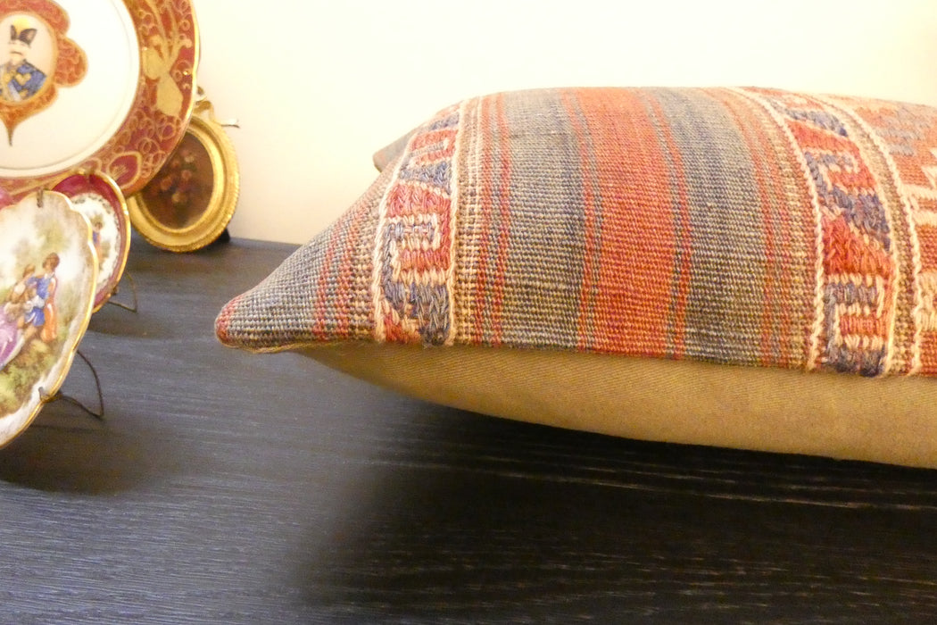 Handmade Turkish Kilim Cushion 30 x 50cm, Vintage Wool Lumbar Cushion with Insert, Organic Cotton Back- Rugs Direct New Zealand 