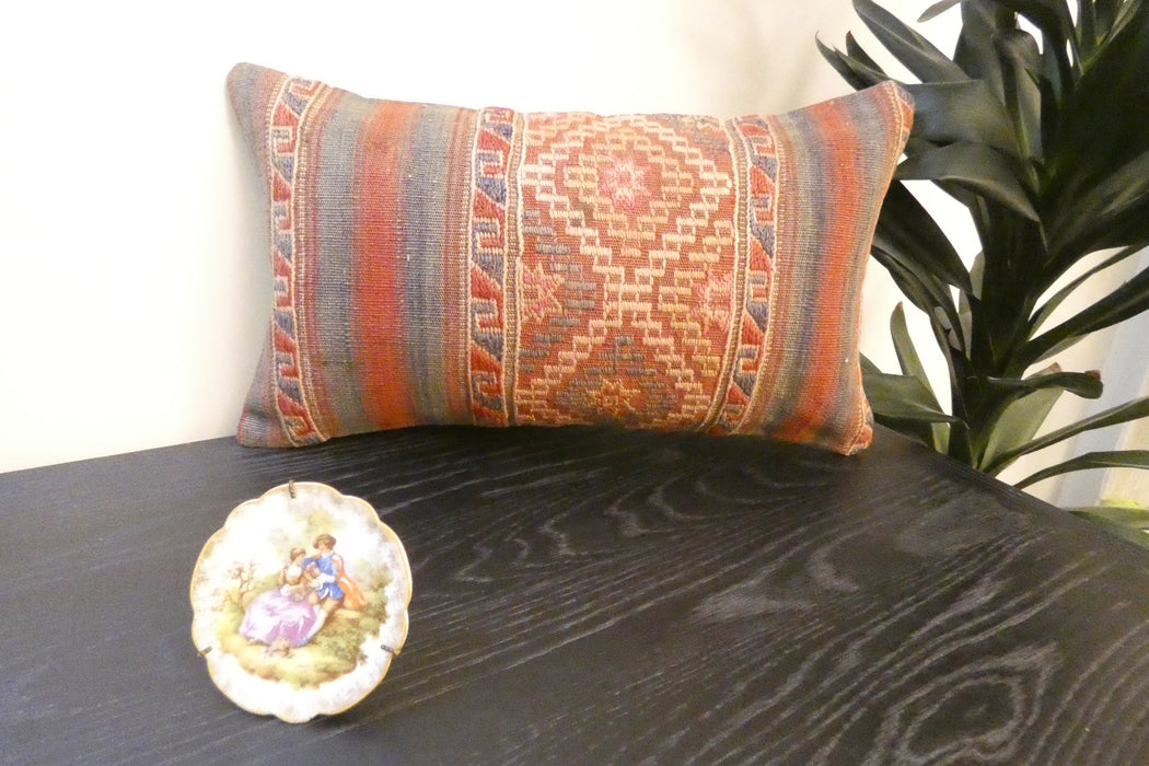 Handmade Turkish Kilim Cushion 30 x 50cm, Vintage Wool Lumbar Cushion with Insert, Organic Cotton Back- Rugs Direct New Zealand 