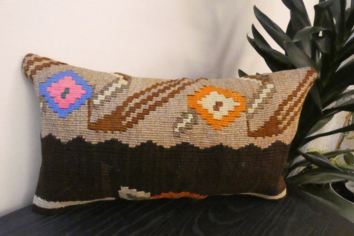 Handmade Turkish Kilim Cushion 30 x 50cm, Vintage Wool Lumbar Cushion with Insert , Organic Cotton Back- Rugs Direct New Zealand 