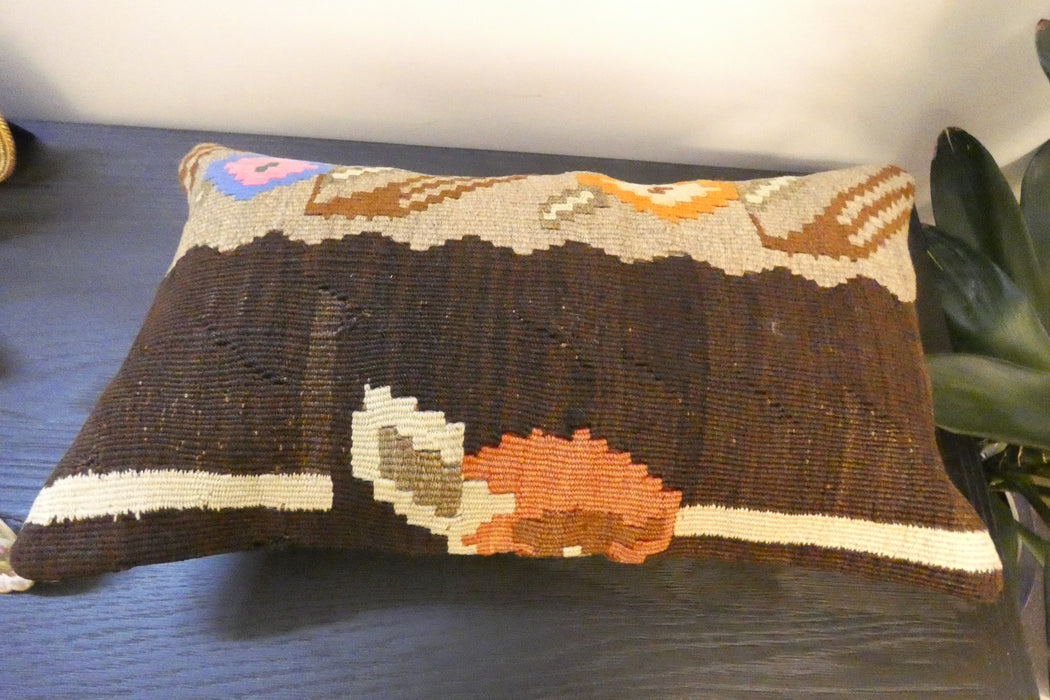 Handmade Turkish Kilim Cushion 30 x 50cm, Vintage Wool Lumbar Cushion with Insert , Organic Cotton Back- Rugs Direct New Zealand 