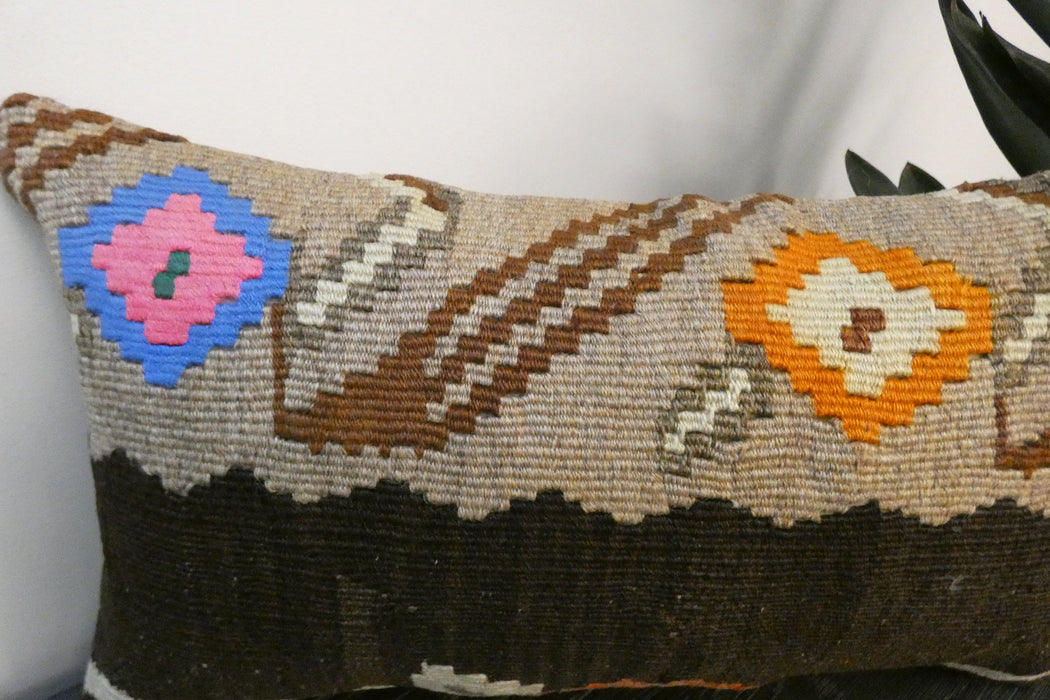 Handmade Turkish Kilim Cushion 30 x 50cm, Vintage Wool Lumbar Cushion with Insert , Organic Cotton Back- Rugs Direct New Zealand 