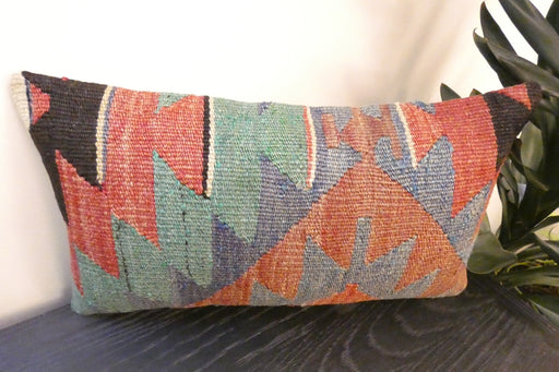 Handmade Turkish Kilim Cushion 30 x 50cm, Vintage Wool Lumbar Cushion with Insert, Organic Cotton Back- Rugs Direct New Zealand 