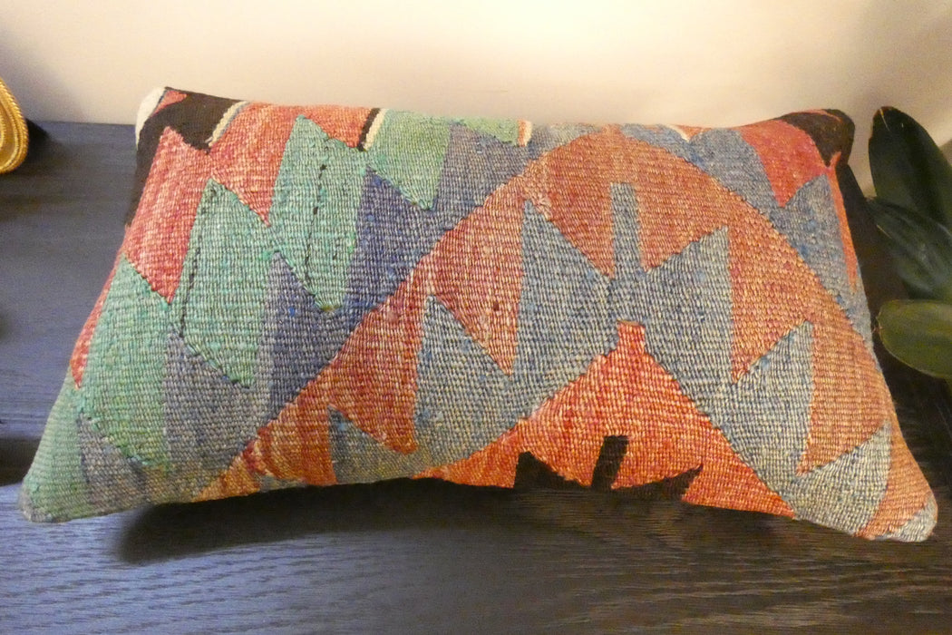 Handmade Turkish Kilim Cushion 30 x 50cm, Vintage Wool Lumbar Cushion with Insert, Organic Cotton Back- Rugs Direct New Zealand 
