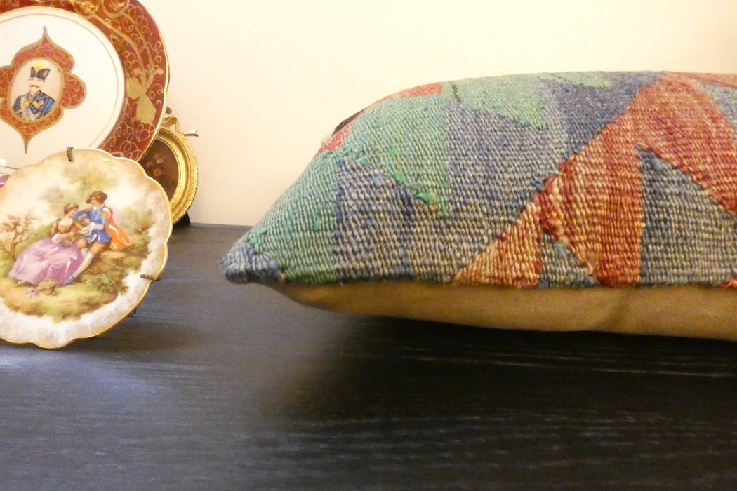 Handmade Turkish Kilim Cushion 30 x 50cm, Vintage Wool Lumbar Cushion with Insert, Organic Cotton Back- Rugs Direct New Zealand 