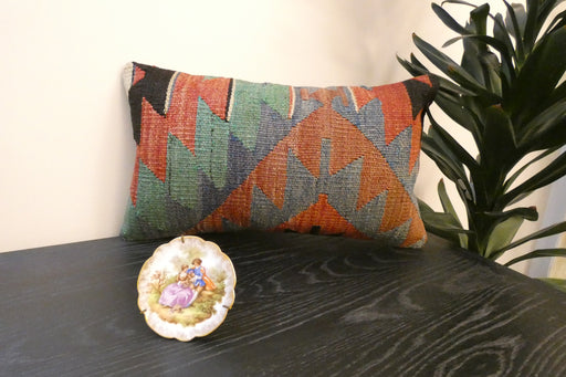 Handmade Turkish Kilim Cushion 30 x 50cm, Vintage Wool Lumbar Cushion with Insert, Organic Cotton Back- Rugs Direct New Zealand 