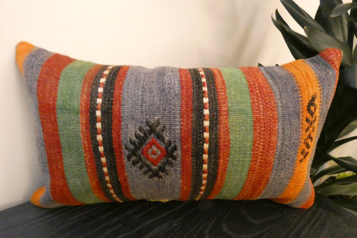 Handmade Turkish Kilim Cushion 30 x 50cm, Vintage Wool Lumbar Cushion with Insert, Organic Cotton Back- Rugs Direct New Zealand 