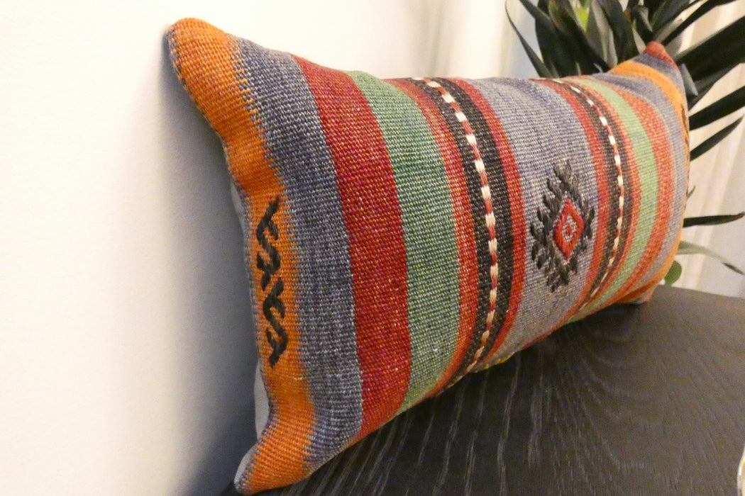 Handmade Turkish Kilim Cushion 30 x 50cm, Vintage Wool Lumbar Cushion with Insert, Organic Cotton Back- Rugs Direct New Zealand 