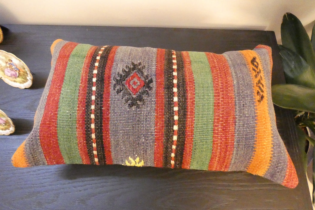 Handmade Turkish Kilim Cushion 30 x 50cm, Vintage Wool Lumbar Cushion with Insert, Organic Cotton Back- Rugs Direct New Zealand 