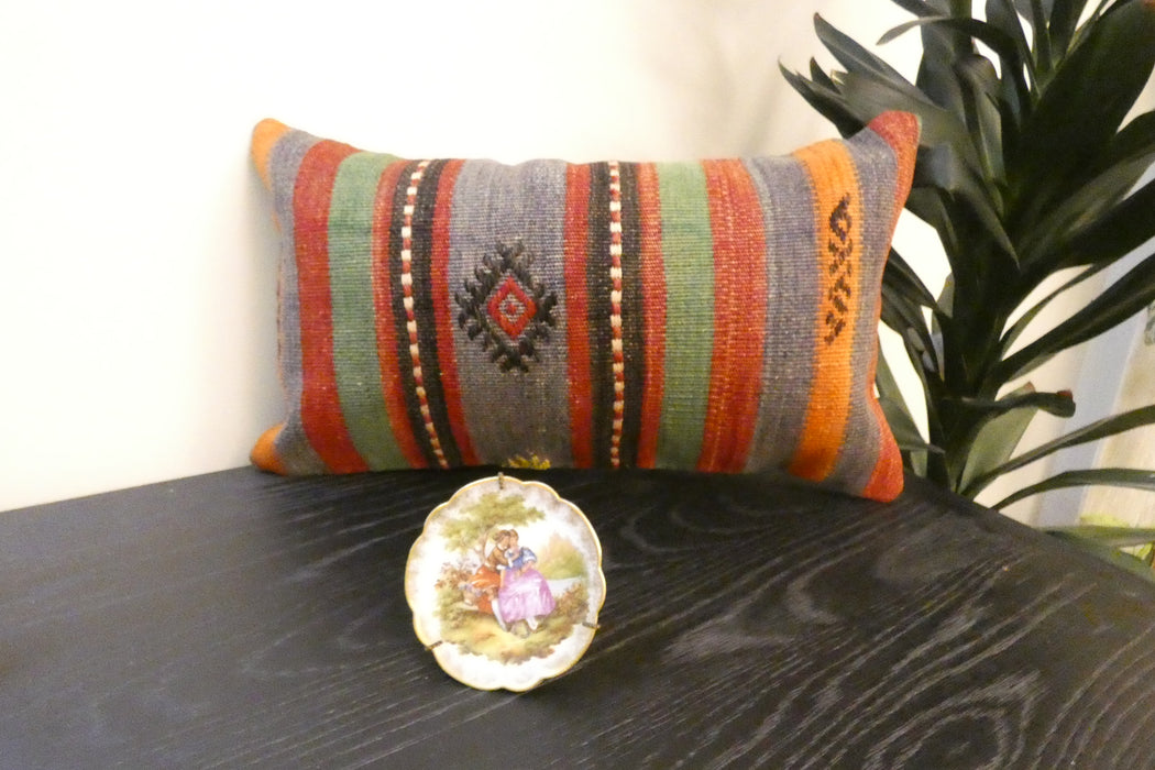 Handmade Turkish Kilim Cushion 30 x 50cm, Vintage Wool Lumbar Cushion with Insert, Organic Cotton Back- Rugs Direct New Zealand 