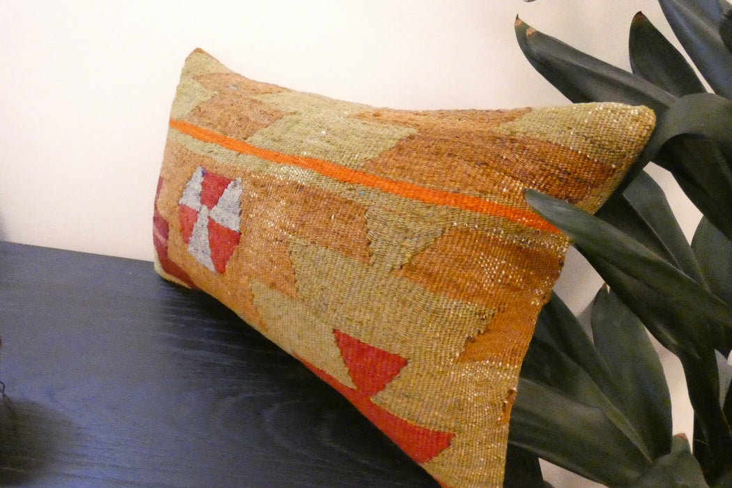 Handmade Turkish Kilim Cushion 30 x 50cm, Vintage Wool Lumbar Cushion with Insert, Organic Cotton Back- Rugs Direct New Zealand 