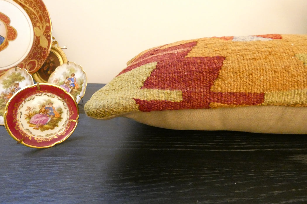 Handmade Turkish Kilim Cushion 30 x 50cm, Vintage Wool Lumbar Cushion with Insert, Organic Cotton Back- Rugs Direct New Zealand 