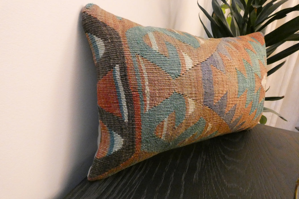 Handmade Turkish Kilim Cushion 30 x 50cm, Vintage Wool Lumbar Cushion with Insert , Organic Cotton Back- Rugs Direct New Zealand 