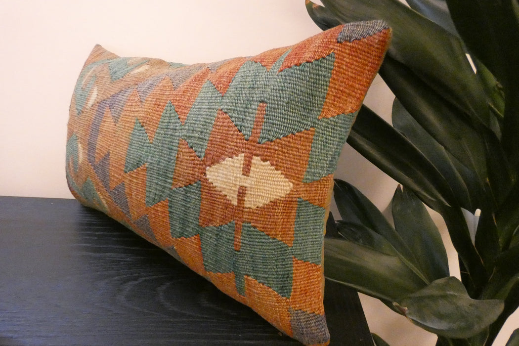 Handmade Turkish Kilim Cushion 30 x 50cm, Vintage Wool Lumbar Cushion with Insert , Organic Cotton Back- Rugs Direct New Zealand 