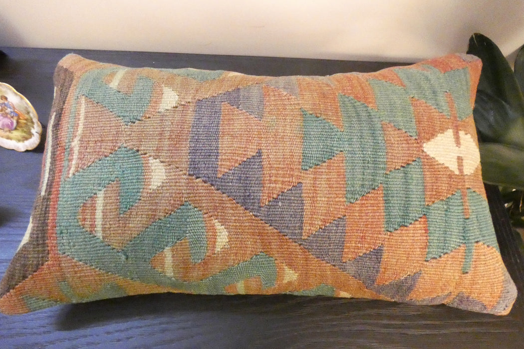 Handmade Turkish Kilim Cushion 30 x 50cm, Vintage Wool Lumbar Cushion with Insert , Organic Cotton Back- Rugs Direct New Zealand 