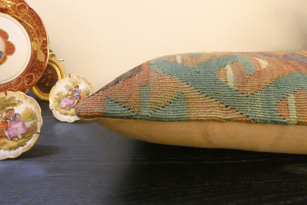 Handmade Turkish Kilim Cushion 30 x 50cm, Vintage Wool Lumbar Cushion with Insert , Organic Cotton Back- Rugs Direct New Zealand 