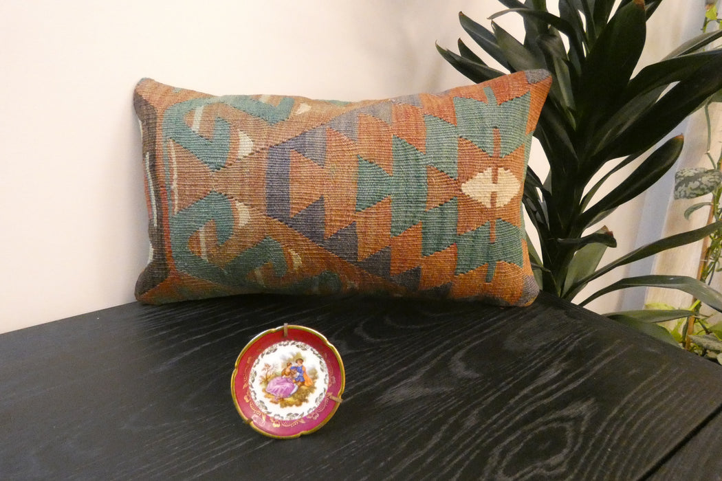 Handmade Turkish Kilim Cushion 30 x 50cm, Vintage Wool Lumbar Cushion with Insert , Organic Cotton Back- Rugs Direct New Zealand 
