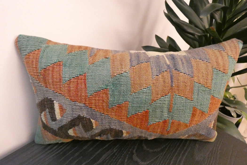 Handmade Turkish Kilim Cushion 30 x 50cm, Vintage Wool Lumbar Cushion with Insert, Organic Cotton Back- Rugs Direct New Zealand