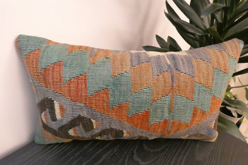 Handmade Turkish Kilim Cushion 30 x 50cm, Vintage Wool Lumbar Cushion with Insert, Organic Cotton Back- Rugs Direct New Zealand