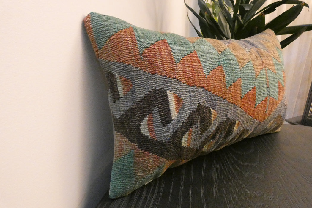Handmade Turkish Kilim Cushion 30 x 50cm, Vintage Wool Lumbar Cushion with Insert, Organic Cotton Back- Rugs Direct New Zealand
