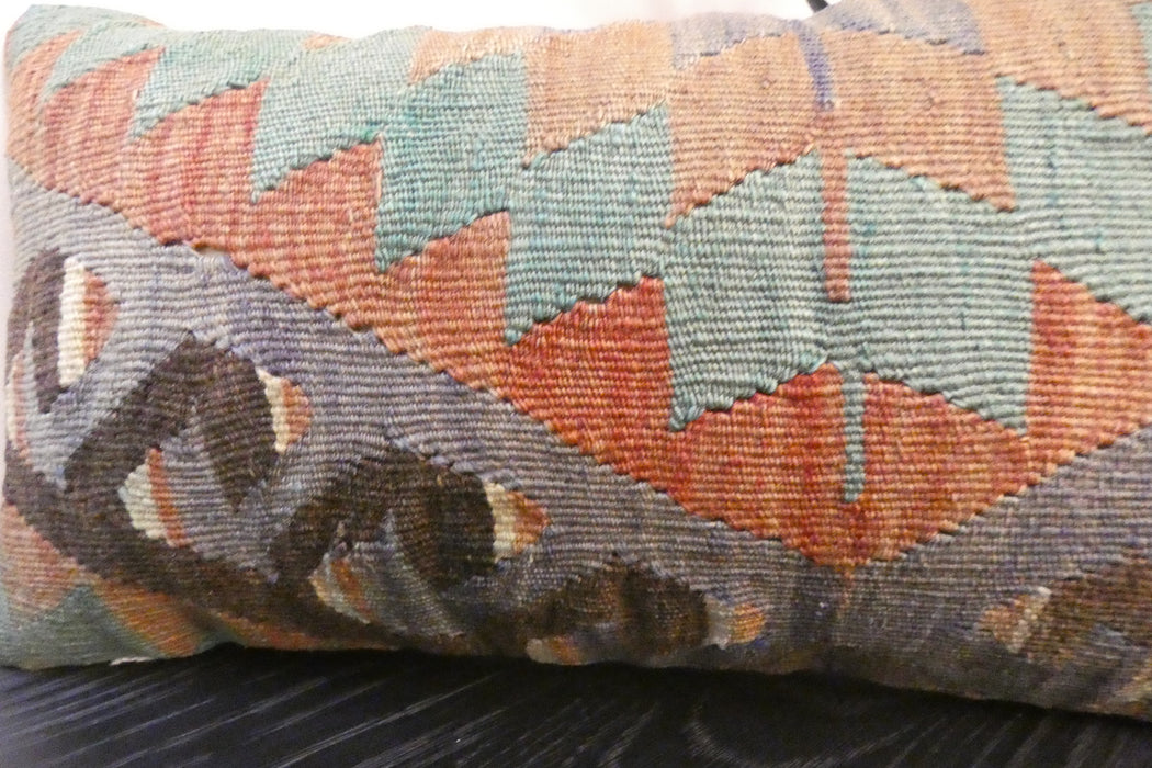 Handmade Turkish Kilim Cushion 30 x 50cm, Vintage Wool Lumbar Cushion with Insert, Organic Cotton Back- Rugs Direct New Zealand