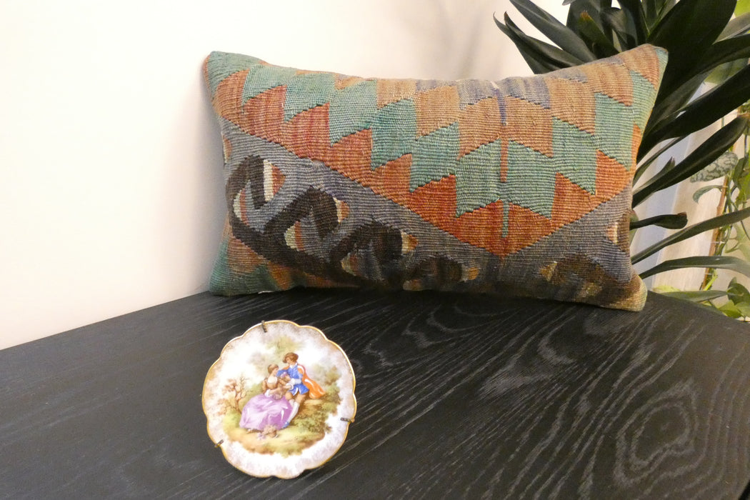 Handmade Turkish Kilim Cushion 30 x 50cm, Vintage Wool Lumbar Cushion with Insert, Organic Cotton Back- Rugs Direct New Zealand
