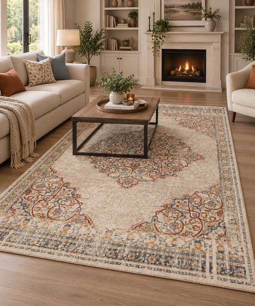 Washed Out, Traditional Design Beige and Cream Colour Rug - Rugs Direct NZ