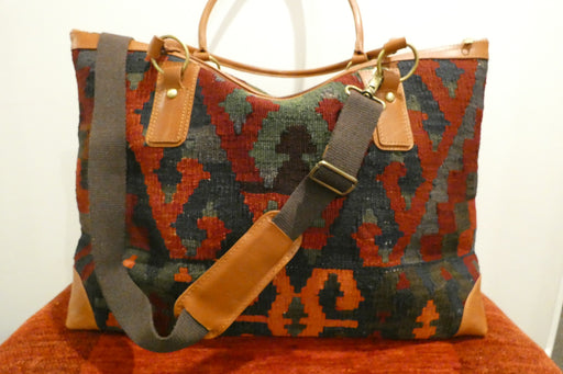 One-of-a-Kind Anatolian Kilim Leather Travel Bag "Zozan"- Rugs Direct 
