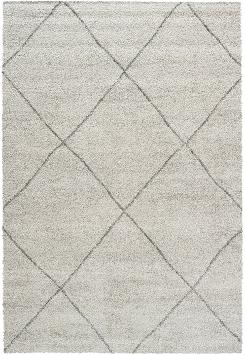Off white rug with black wide diamond crisscross lines