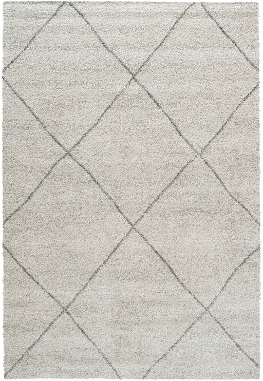 Off white rug with black wide diamond crisscross lines