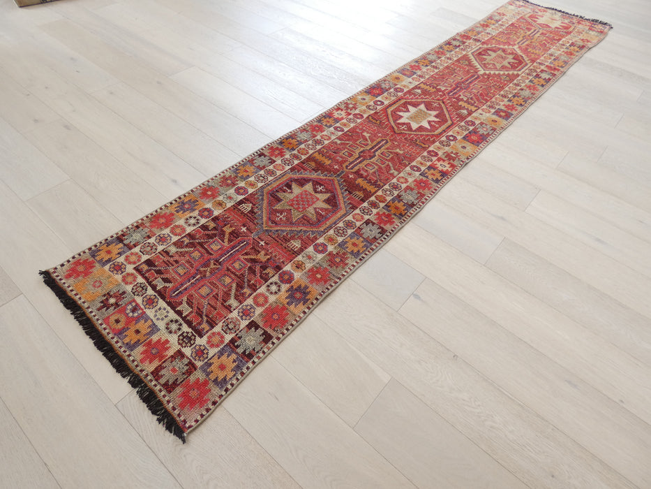 Vintage Hand Knotted Anatolian Turkish Hallway Runner Size: 375 x 75cm - Rugs Direct