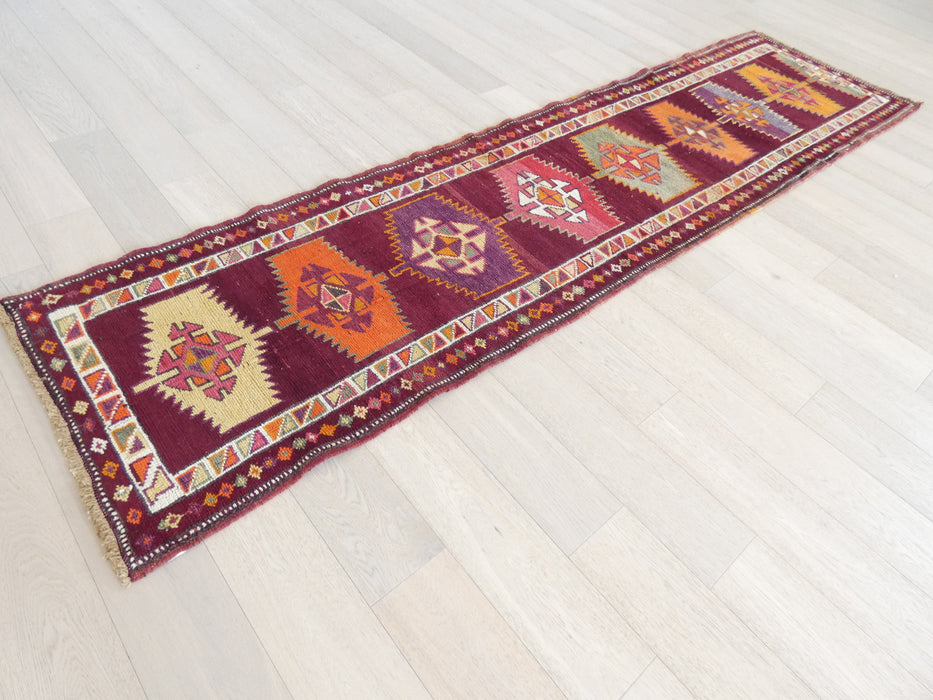Vintage Hand Knotted Anatolian Turkish Hallway Runner Size: 370 x 93cm - Rugs Direct
