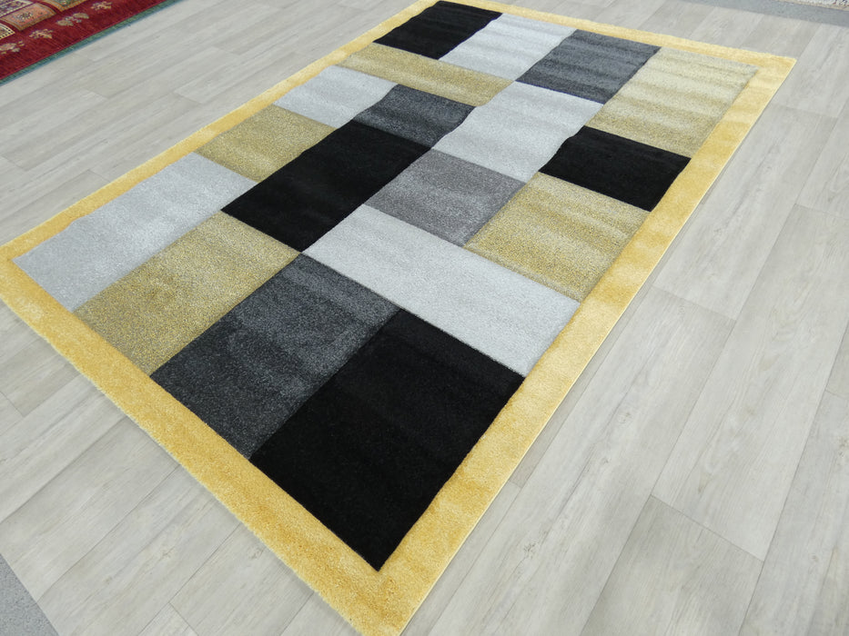 Modern Turkish Block Design Aroha Rug in Yellow/ Black/ Grey - Rugs Direct
