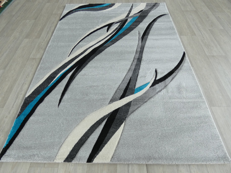 Abstract Modern Design Turkish Aroha Rug in Grey/ Turquoise/ Black - Rugs Direct