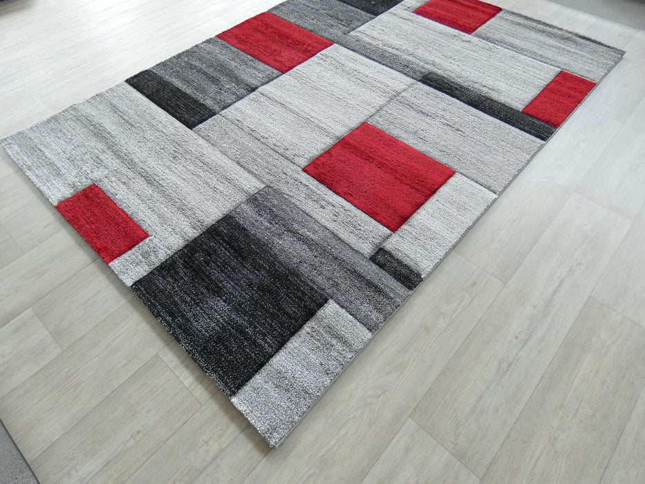 Modern Aroha Block Design Turkish Rug in Red/ Grey/ Black - Rugs Direct