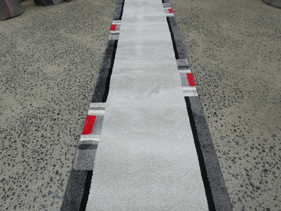 Aroha Modern Border Design Turkish Hallway Runner in Grey & Red Colour 80cm Wide x Cut To Order - Rugs Direct