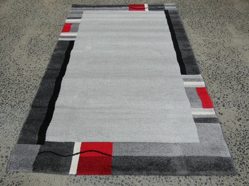 Modern Border Design Turkish Aroha Rug in Light Grey, Dark Grey & Red - Rugs Direct