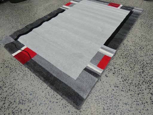 Modern Border Design Turkish Aroha Rug in Light Grey, Dark Grey & Red - Rugs Direct