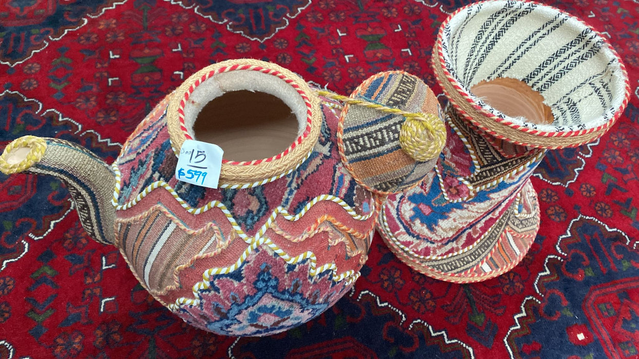 Handwoven Rug Covered Unglazed Terracotta Teapot With Incised , Decorative Teapot from Iran - Rugs Direct
