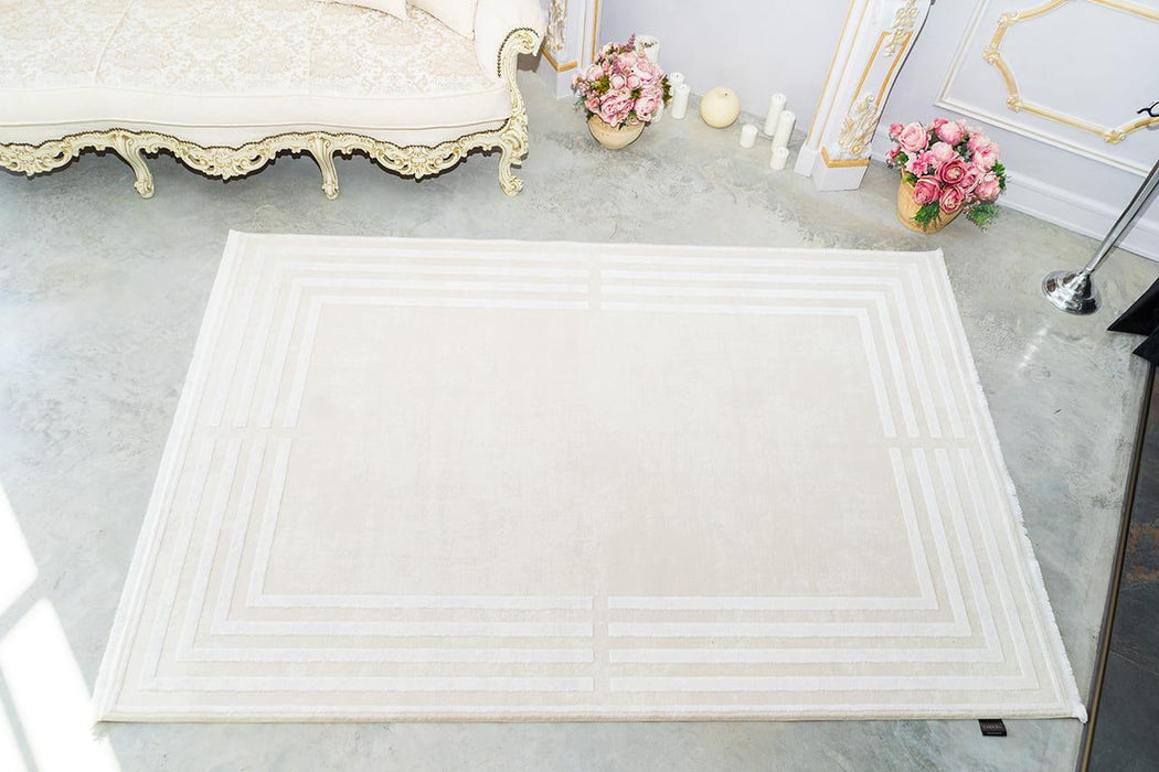 Bone Color Rug Soft Beige Framed Minimalist Contemporary Designer Rug — Rugs Direct