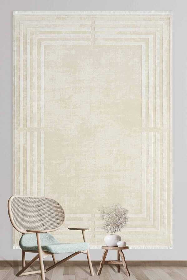 Bone Color Rug Soft Beige Framed Minimalist Contemporary Designer Rug — Rugs Direct